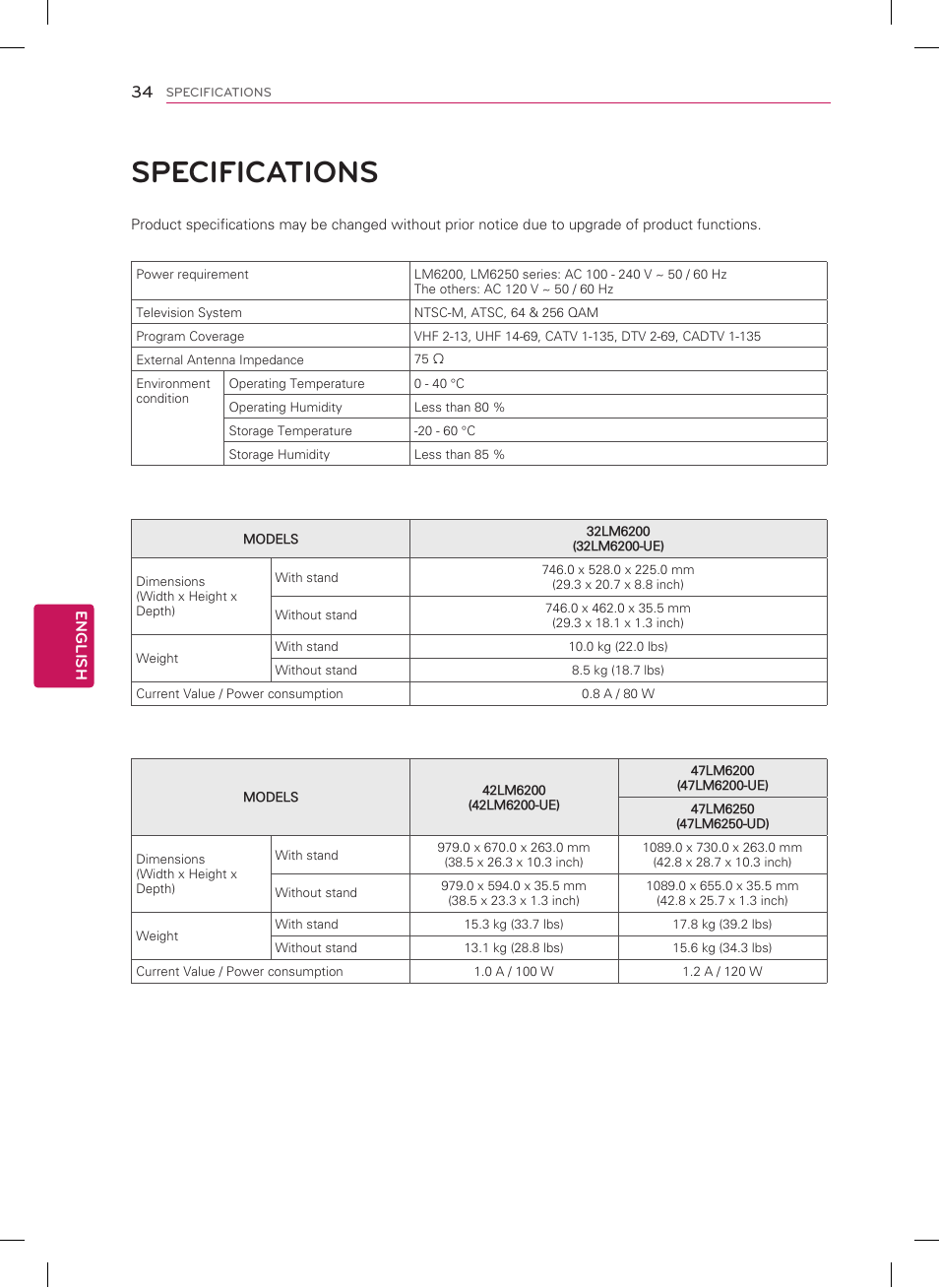 Specifications | LG 55LM7600 User Manual | Page 34 / 44