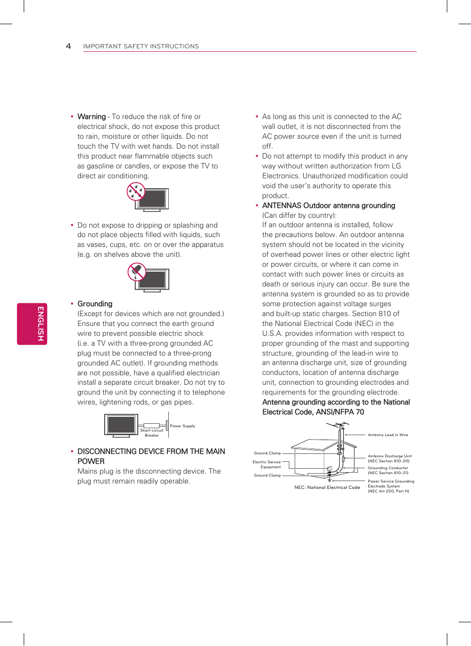 Short-circuit breaker power supply, English | LG 55LM7600 User Manual | Page 4 / 44