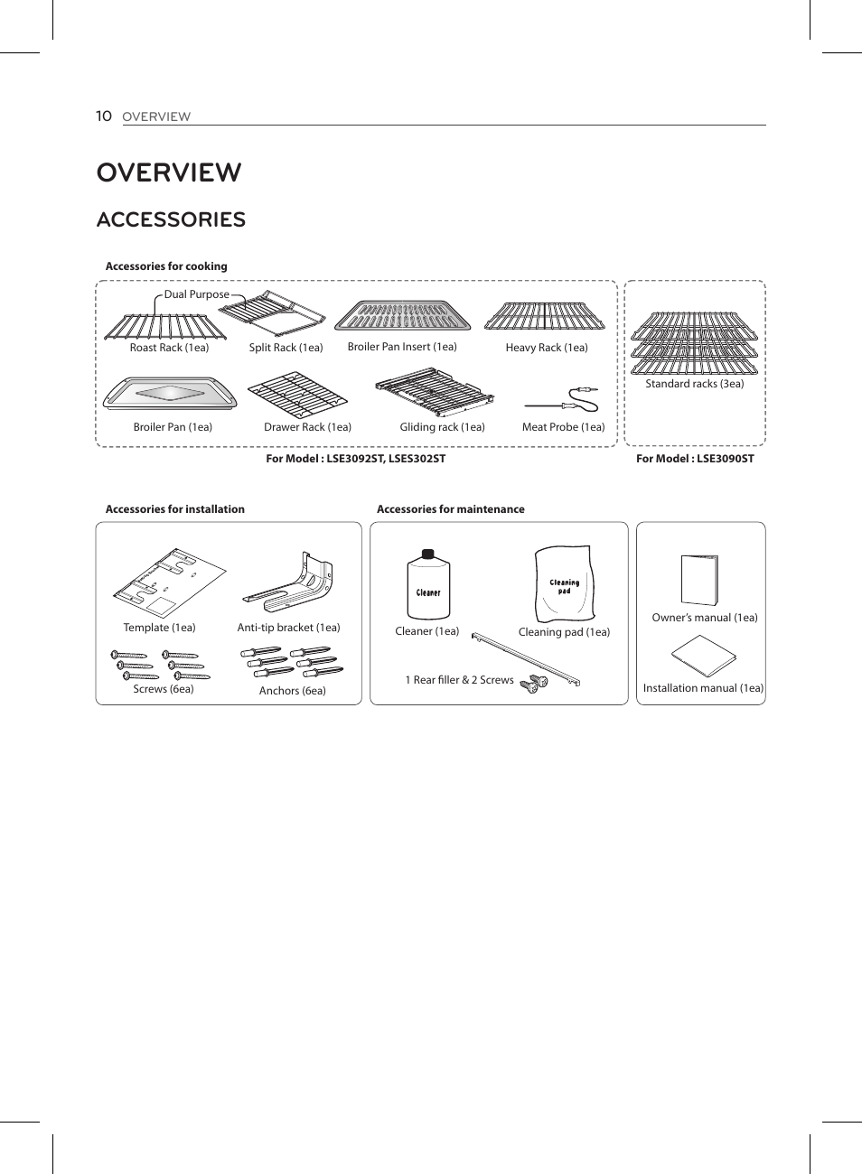 Overview, Accessories | LG LSE3090ST User Manual | Page 10 / 92