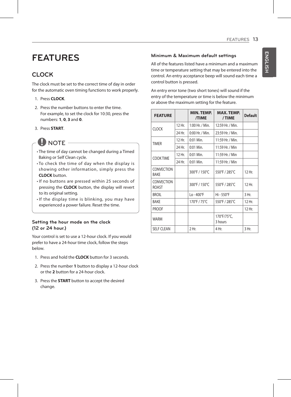 Features, Clock | LG LSE3090ST User Manual | Page 13 / 92