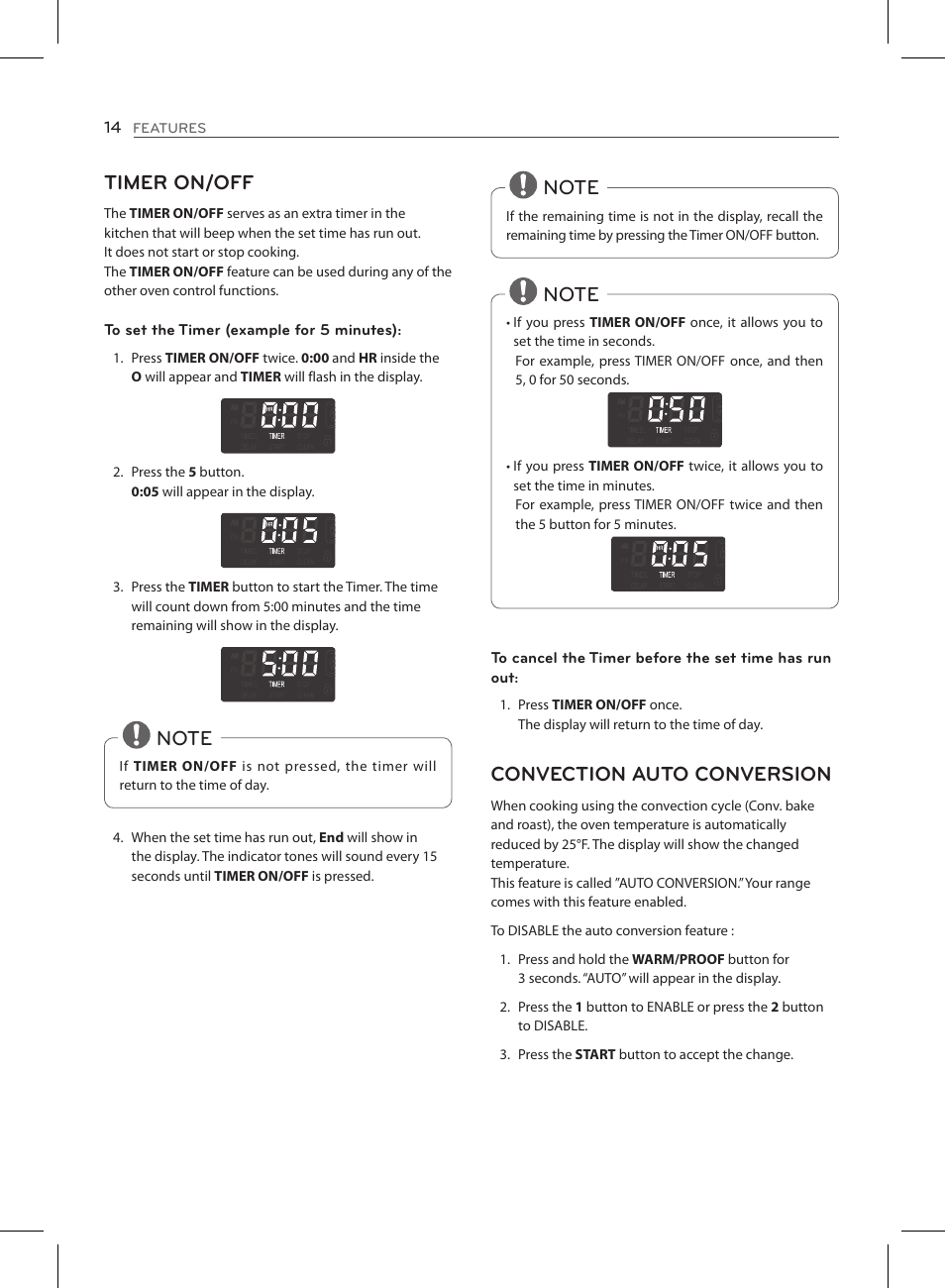 Timer on/off, Convection auto conversion | LG LSE3090ST User Manual | Page 14 / 92