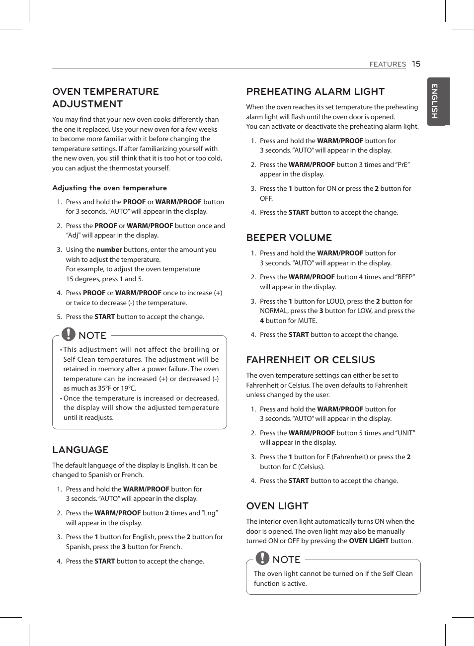 Oven temperature adjustment, Preheating alarm light, Beeper volume | Fahrenheit or celsius, Oven light | LG LSE3090ST User Manual | Page 15 / 92