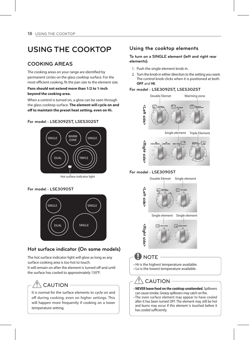 Using the cooktop, Cooking areas, Hot surface indicator (on some models) | Caution using the cooktop elements, Caution | LG LSE3090ST User Manual | Page 18 / 92