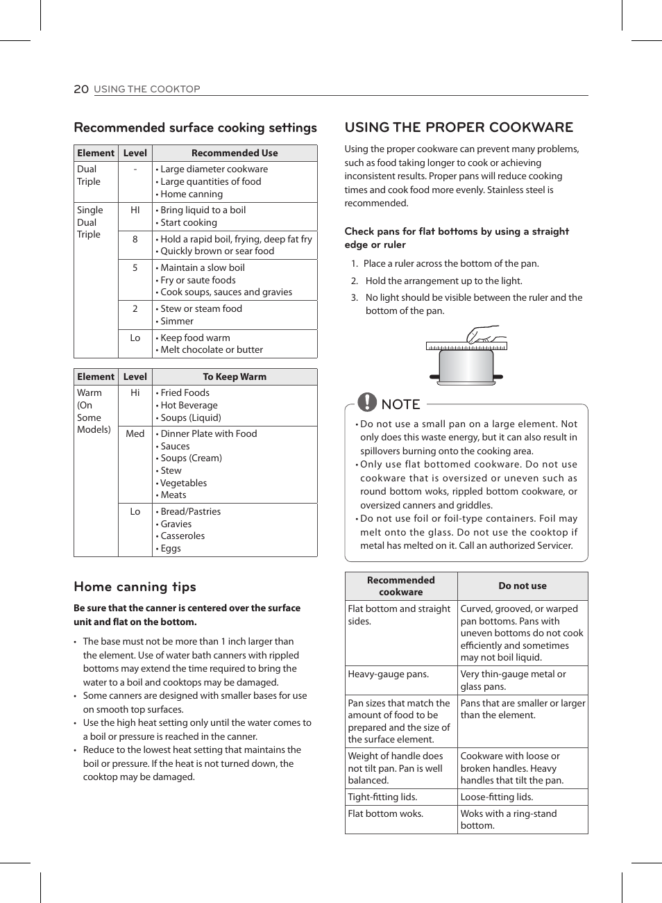 Recommended surface cooking settings, Home canning tips, Using the proper cookware | LG LSE3090ST User Manual | Page 20 / 92