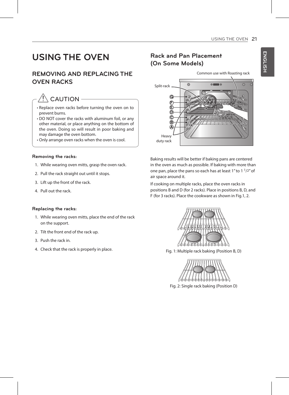 Using the oven, Removing and replacing the oven racks, Caution | Rack and pan placement (on some models) | LG LSE3090ST User Manual | Page 21 / 92