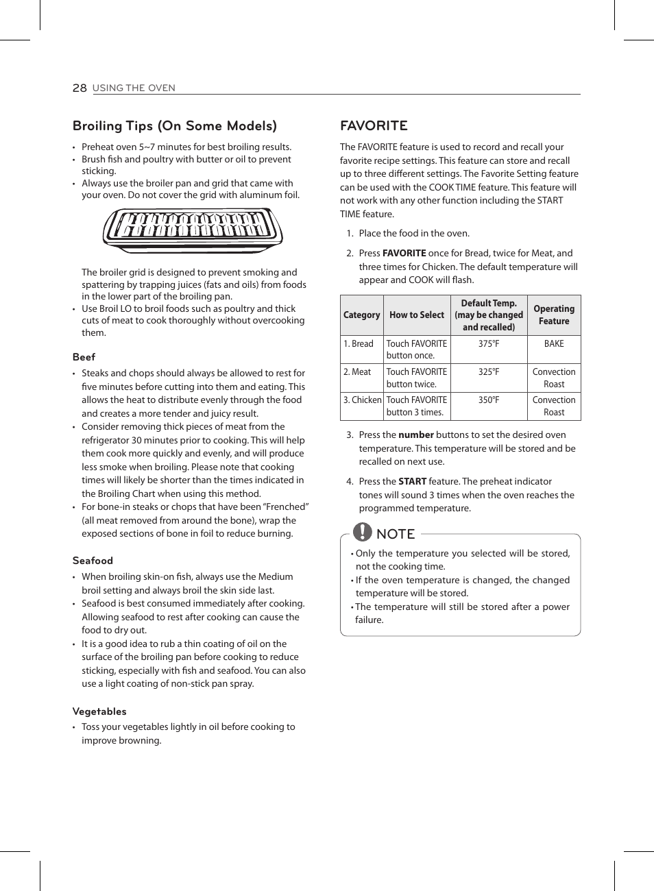 Broiling tips (on some models), Favorite | LG LSE3090ST User Manual | Page 28 / 92