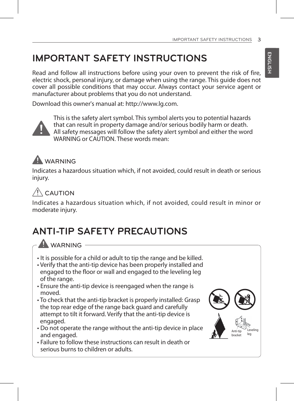 Important safety instructions, Anti-tip safety precautions | LG LSE3090ST User Manual | Page 3 / 92