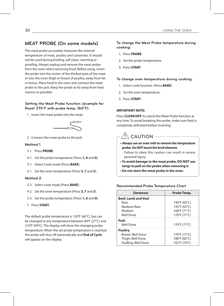 Meat probe (on some models), Caution | LG LSE3090ST User Manual | Page 30 / 92