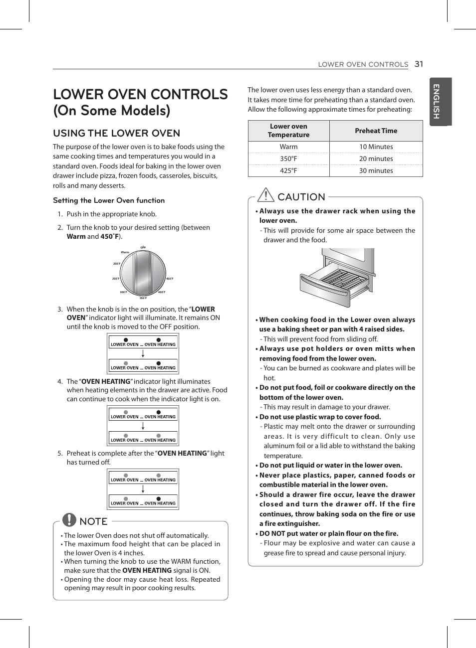 Lower oven controls (on some models), Using the lower oven, Caution | LG LSE3090ST User Manual | Page 31 / 92