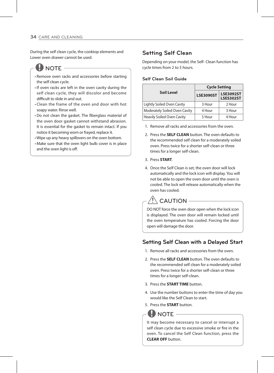 Caution setting self clean with a delayed start | LG LSE3090ST User Manual | Page 34 / 92