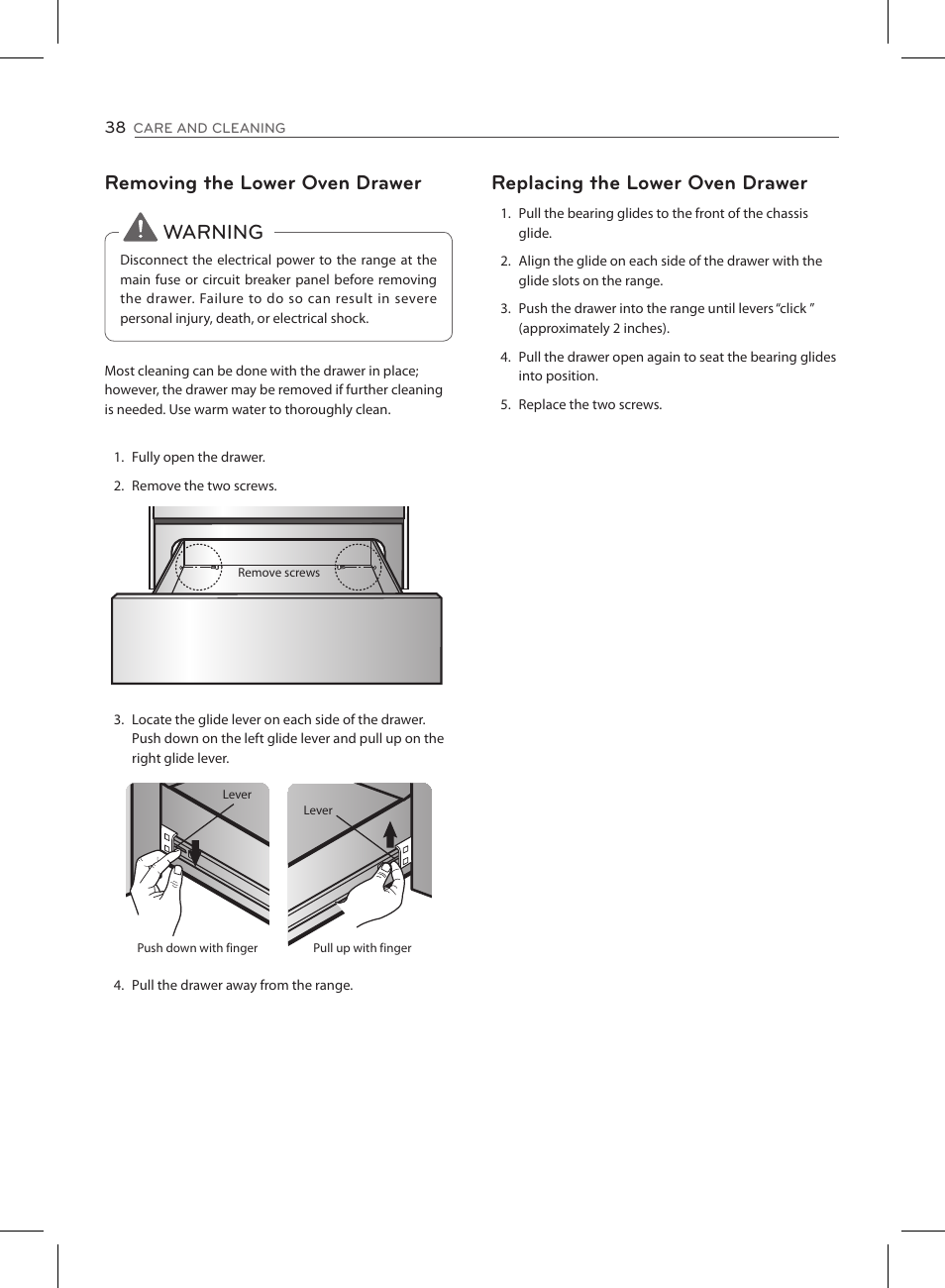 Removing the lower oven drawer, Warning, Replacing the lower oven drawer | LG LSE3090ST User Manual | Page 38 / 92