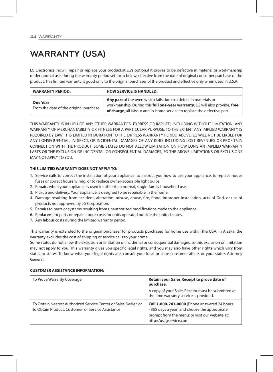 Warranty (usa) | LG LSE3090ST User Manual | Page 44 / 92