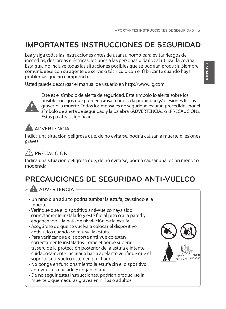 Importantes instrucciones de seguridad, Precauciones de seguridad anti-vuelco | LG LSE3090ST User Manual | Page 47 / 92