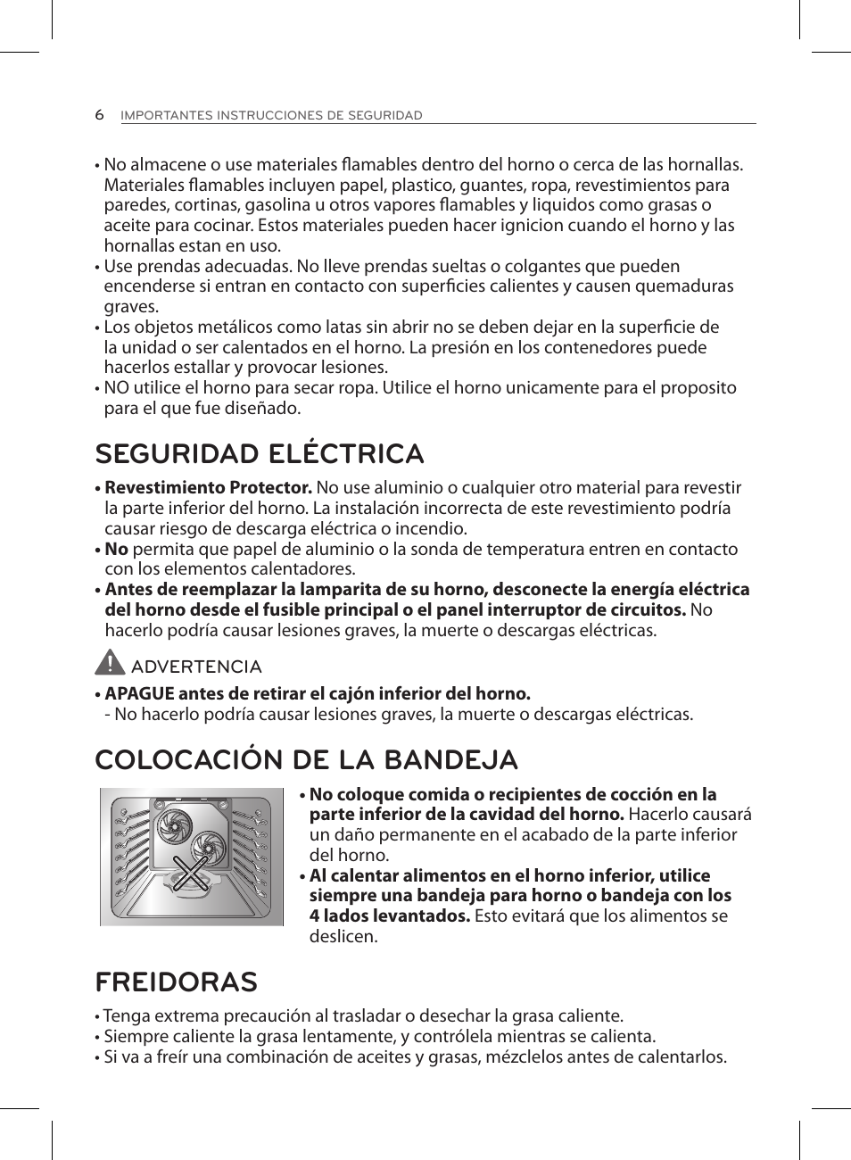 Seguridad eléctrica, Colocación de la bandeja, Freidoras | LG LSE3090ST User Manual | Page 50 / 92