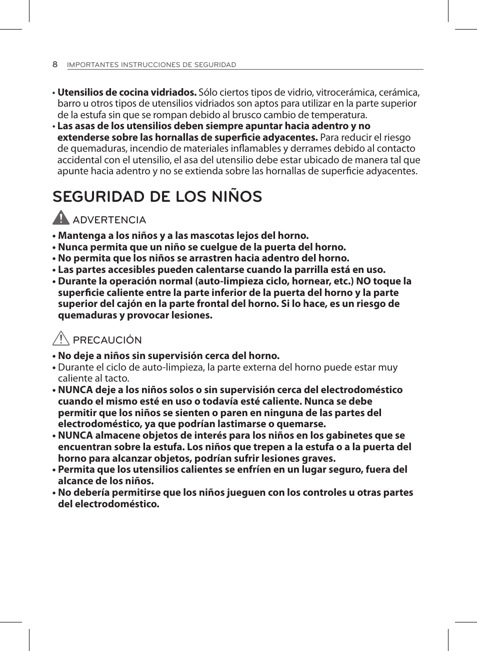 Seguridad de los niños | LG LSE3090ST User Manual | Page 52 / 92