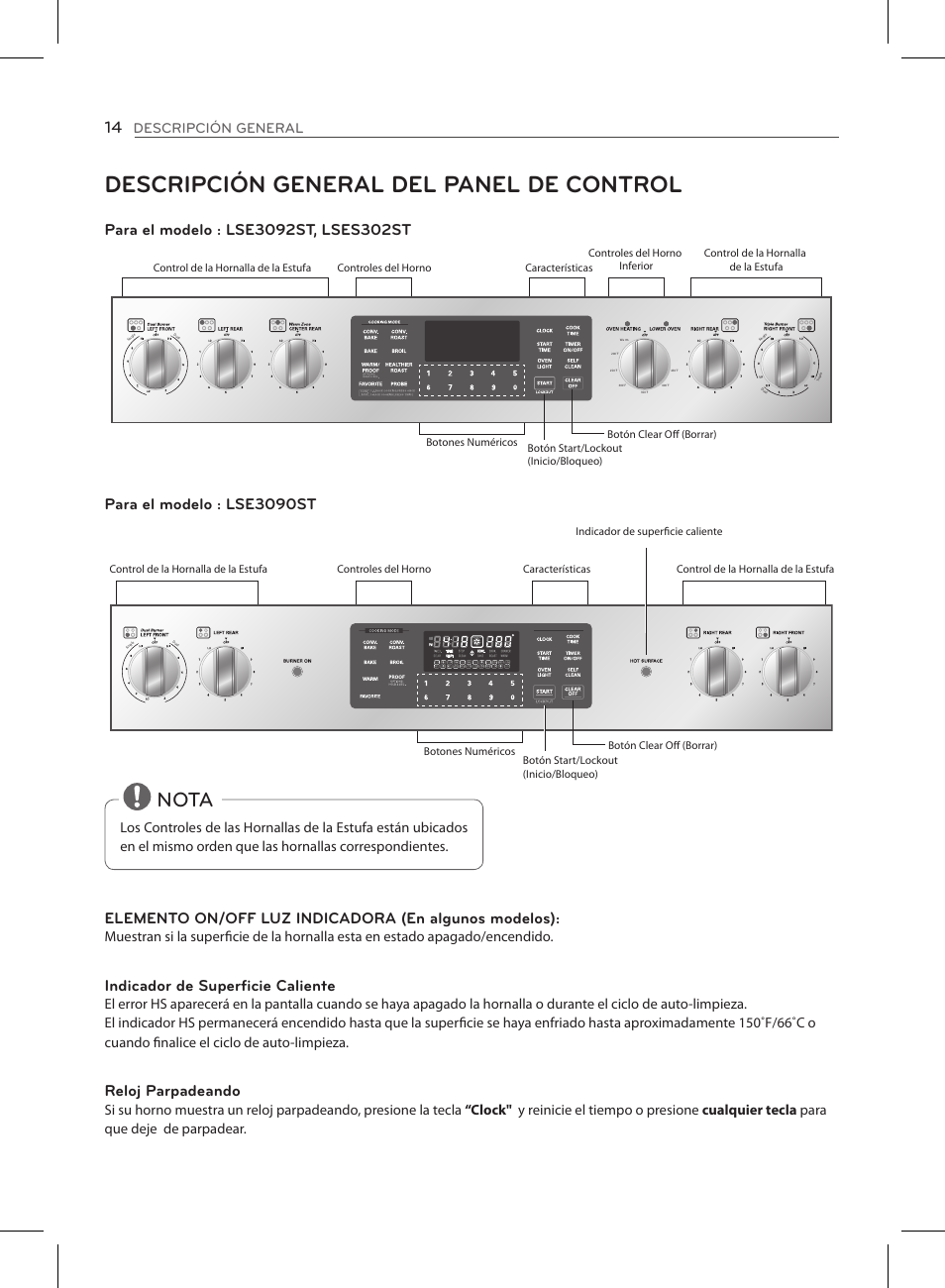 Descripción general del panel de control, Nota, Indicador de superficie caliente | Reloj parpadeando, Descripción general | LG LSE3090ST User Manual | Page 58 / 92