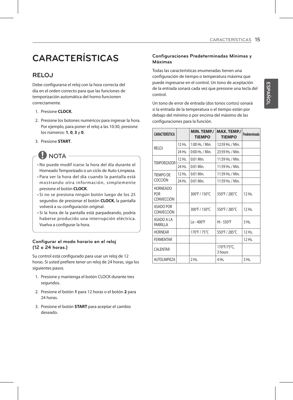 Características, Reloj, Nota | LG LSE3090ST User Manual | Page 59 / 92