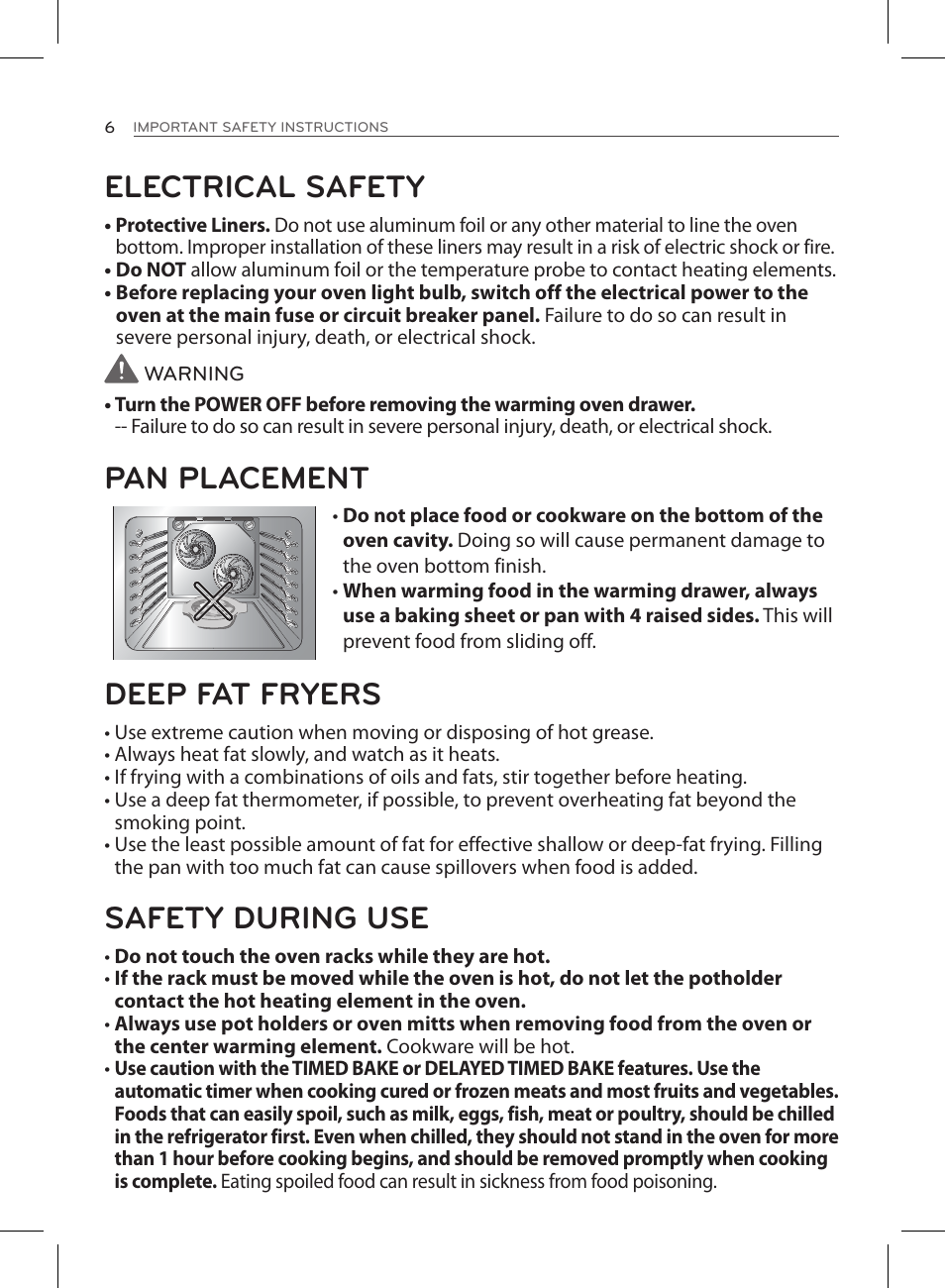 Electrical safety, Pan placement, Deep fat fryers | Safety during use | LG LSE3090ST User Manual | Page 6 / 92