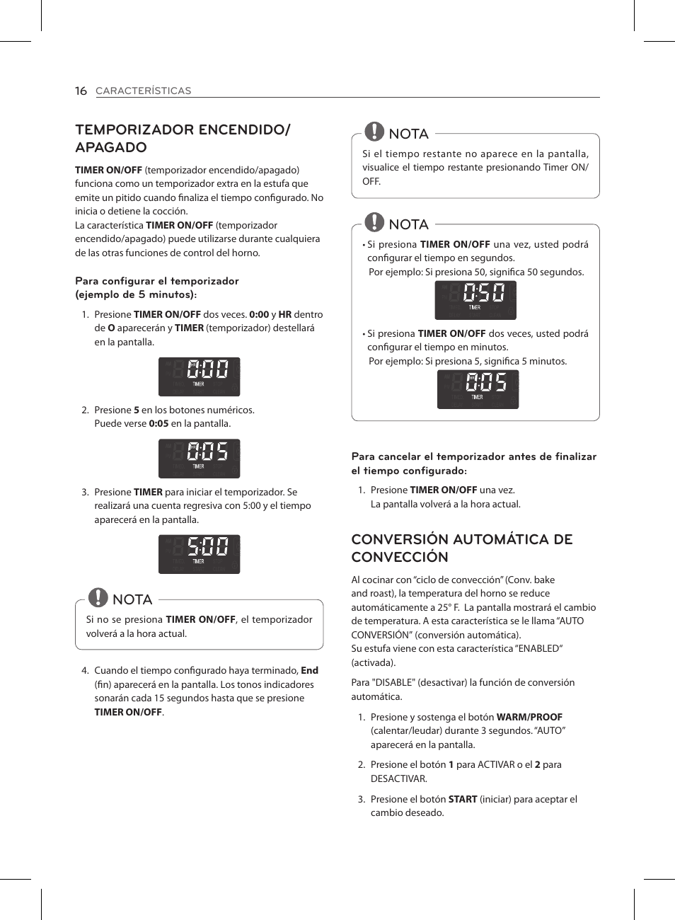 Temporizador encendido/ apagado, Nota, Conversión automática de convección | LG LSE3090ST User Manual | Page 60 / 92
