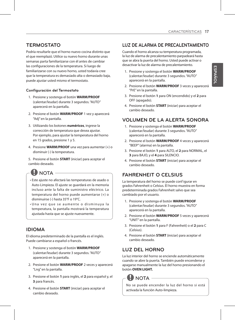 Termostato, Nota idioma, Luz de alarma de precalentamiento | Volumen de la alerta sonora, Fahrenheit o celsius, Luz del horno, Nota | LG LSE3090ST User Manual | Page 61 / 92