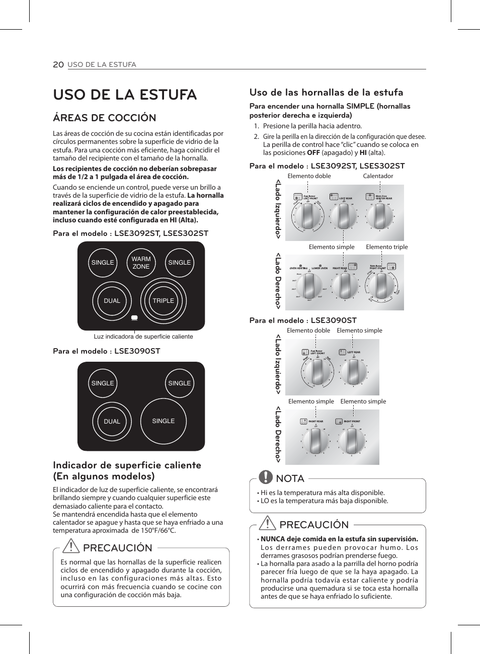 Uso de la estufa, Áreas de cocción, Precaución uso de las hornallas de la estufa | Nota, Precaución | LG LSE3090ST User Manual | Page 64 / 92