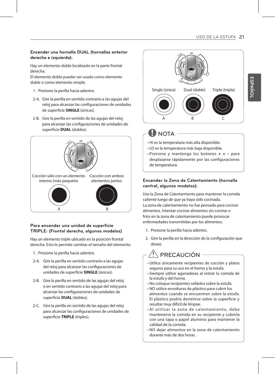 Nota, Precaución | LG LSE3090ST User Manual | Page 65 / 92