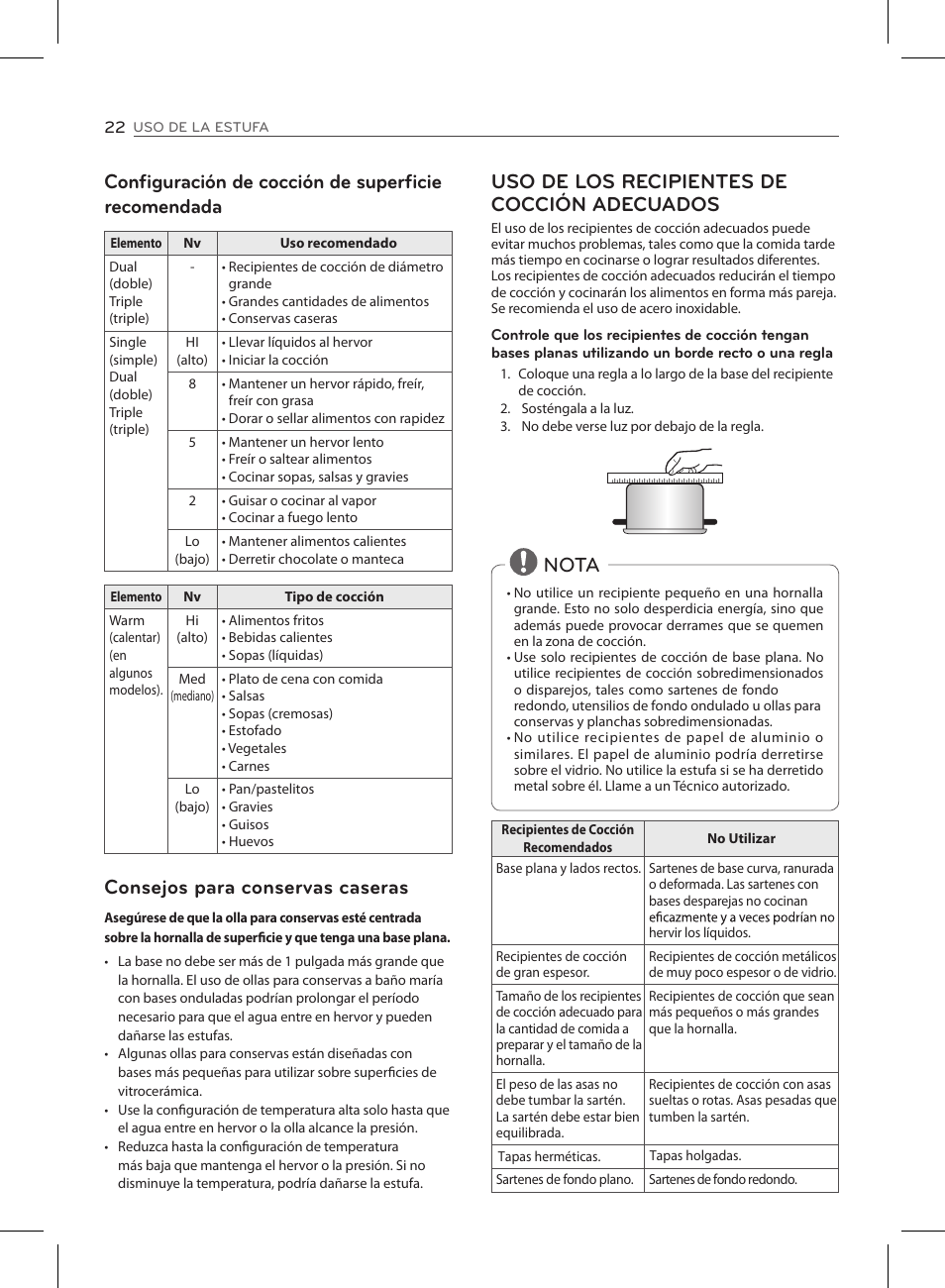 Configuración de cocción de superficie recomendada, Consejos para conservas caseras, Uso de los recipientes de cocción adecuados | Nota | LG LSE3090ST User Manual | Page 66 / 92