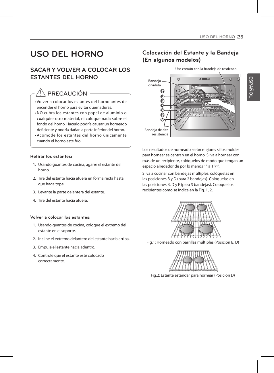 Uso del horno, Sacar y volver a colocar los estantes del horno, Precaución | LG LSE3090ST User Manual | Page 67 / 92