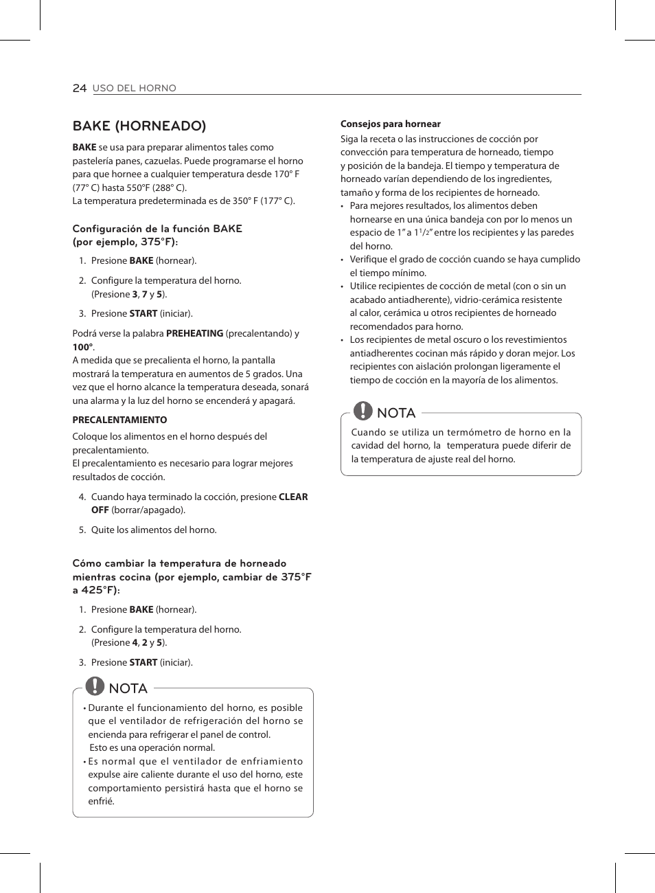 Bake (horneado), Nota | LG LSE3090ST User Manual | Page 68 / 92