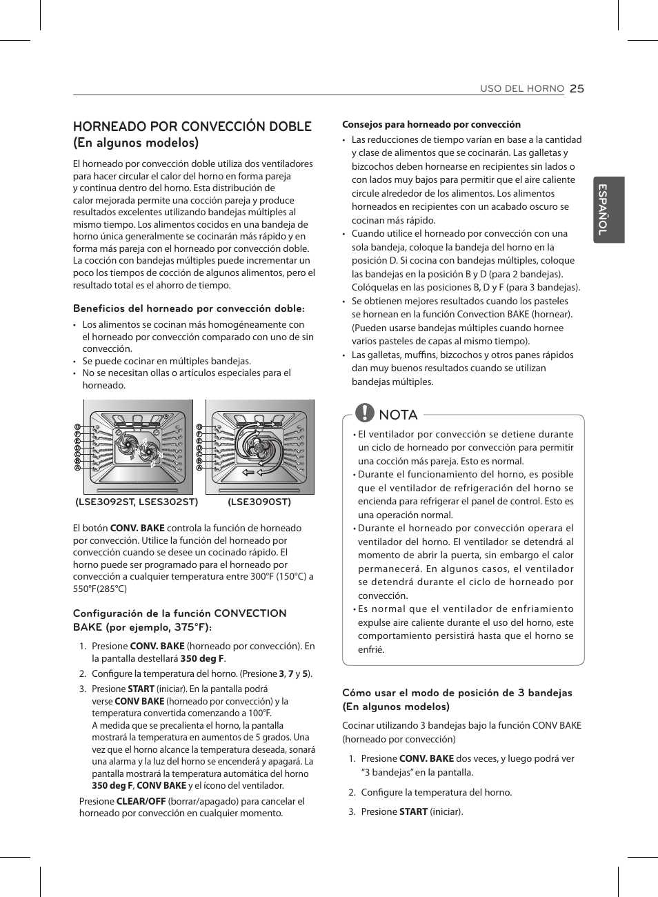 Horneado por convección doble (en algunos modelos), Nota | LG LSE3090ST User Manual | Page 69 / 92