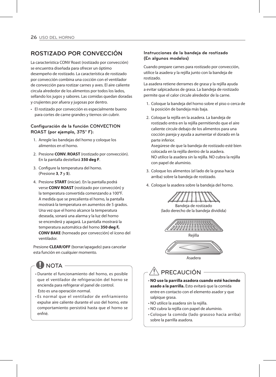 Rostizado por convección, Nota, Precaución | LG LSE3090ST User Manual | Page 70 / 92