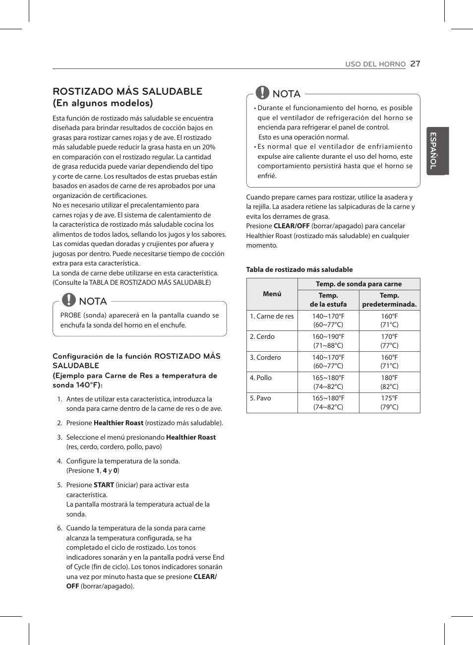 Rostizado más saludable (en algunos modelos), Nota | LG LSE3090ST User Manual | Page 71 / 92