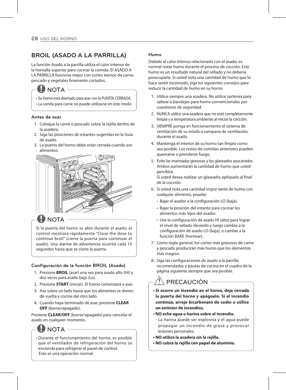 Broil (asado a la parrilla), Nota, Precaución | LG LSE3090ST User Manual | Page 72 / 92