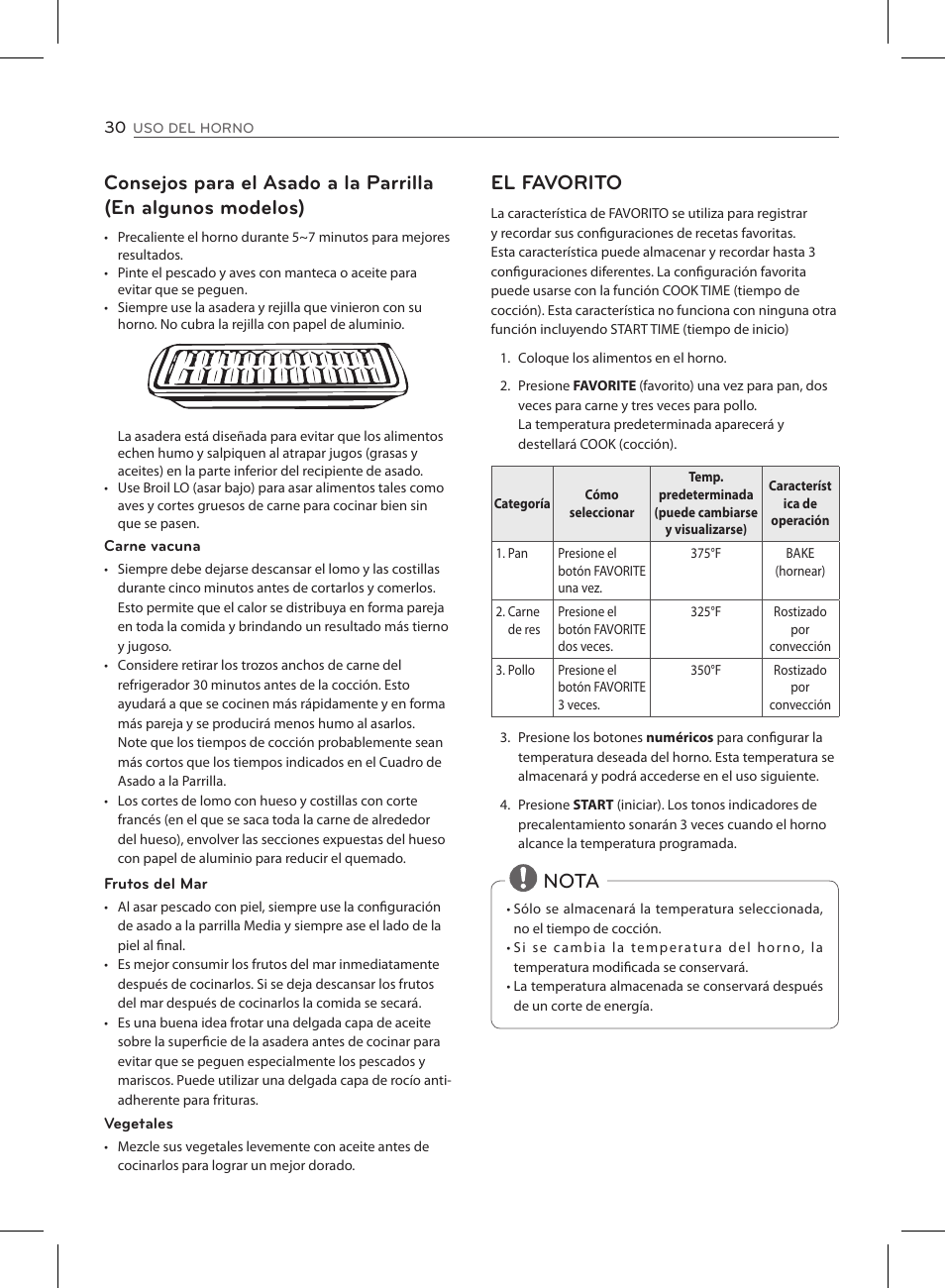 El favorito, Nota | LG LSE3090ST User Manual | Page 74 / 92