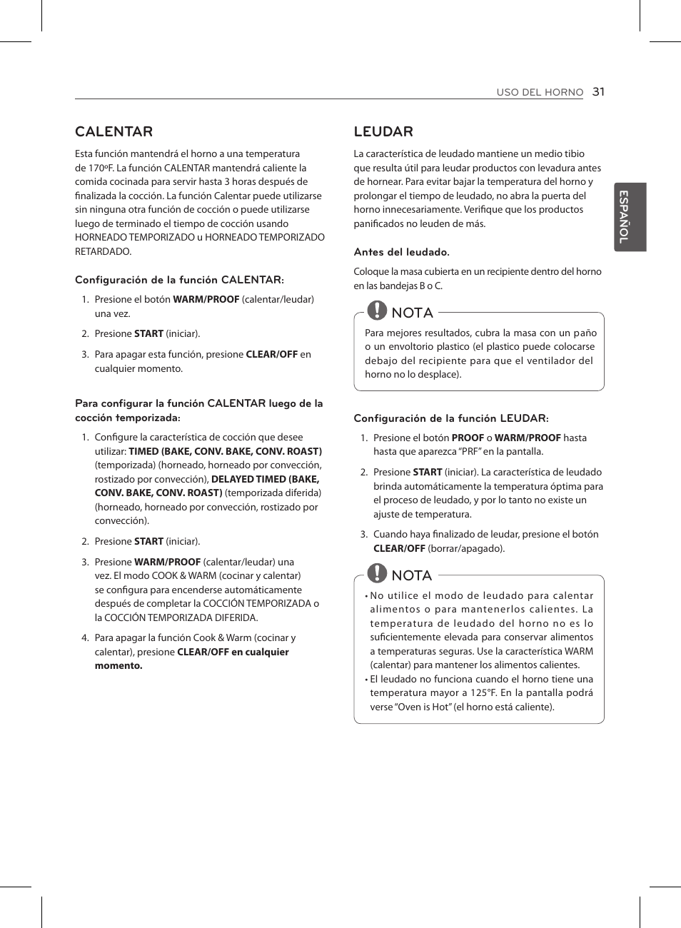 Calentar, Leudar, Nota | LG LSE3090ST User Manual | Page 75 / 92