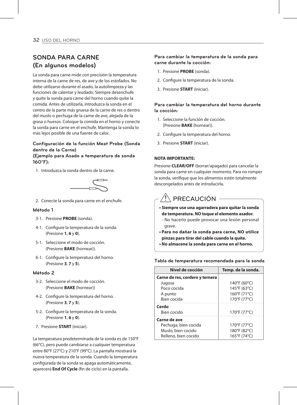 Sonda para carne (en algunos modelos), Precaución | LG LSE3090ST User Manual | Page 76 / 92