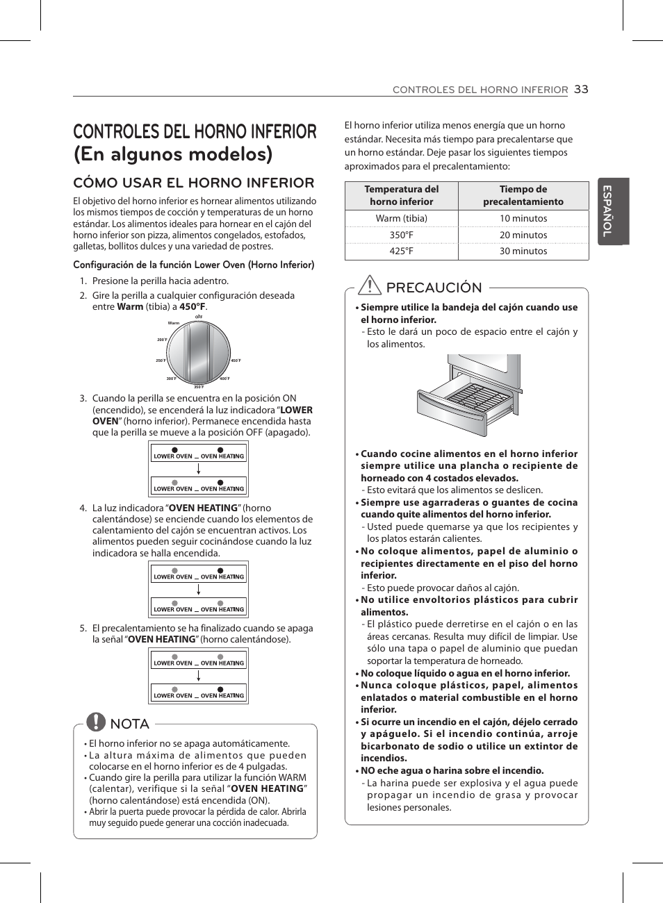 Controles del horno inferior (en algunos modelos), Cómo usar el horno inferior, Nota | Precaución | LG LSE3090ST User Manual | Page 77 / 92