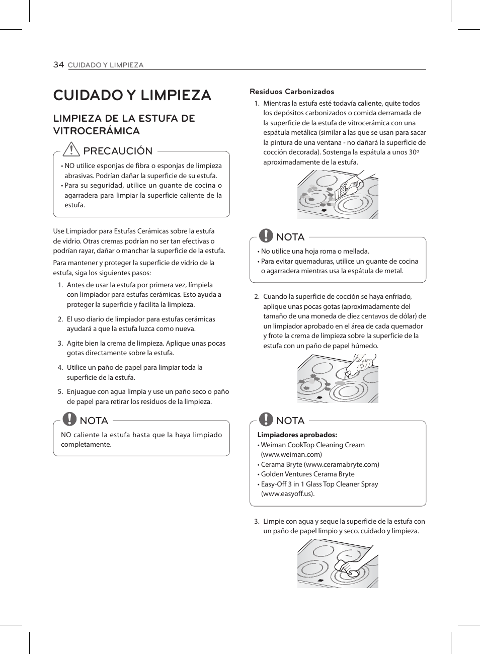 Cuidado y limpieza, Limpieza de la estufa de vitrocerámica, Precaución | Nota | LG LSE3090ST User Manual | Page 78 / 92