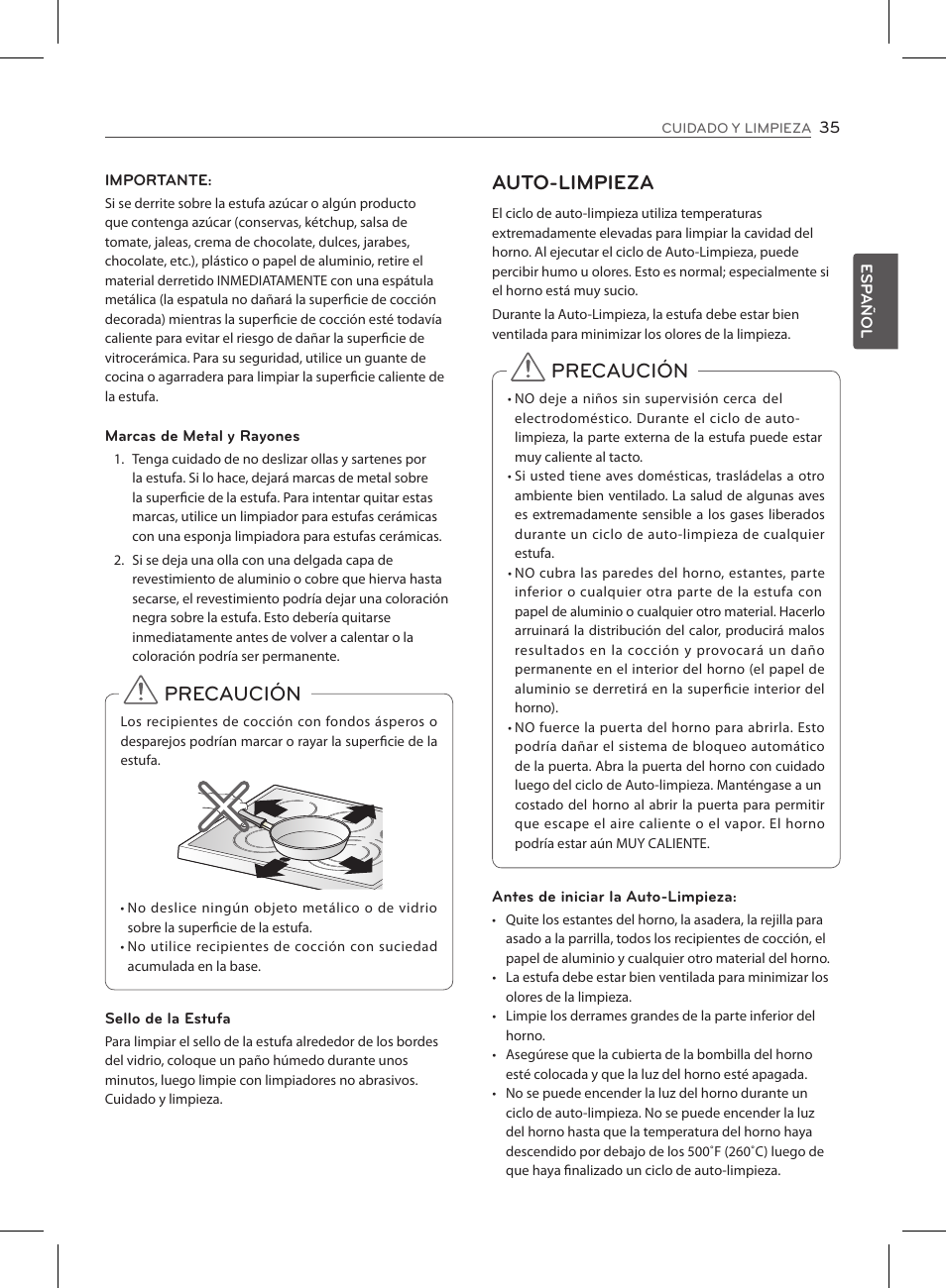 Precaución, Auto-limpieza | LG LSE3090ST User Manual | Page 79 / 92