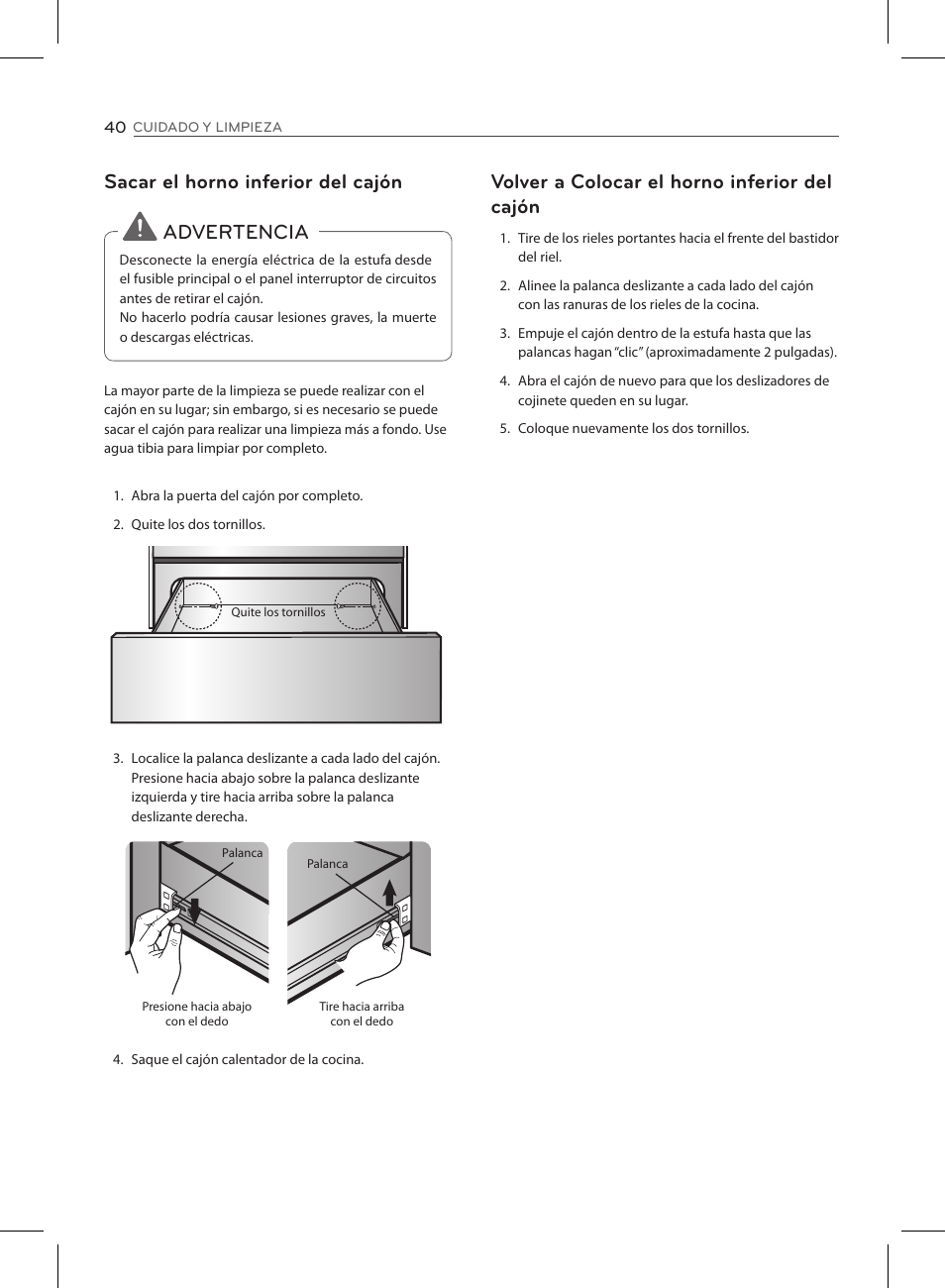 Sacar el horno inferior del cajón, Advertencia, Volver a colocar el horno inferior del cajón | LG LSE3090ST User Manual | Page 84 / 92