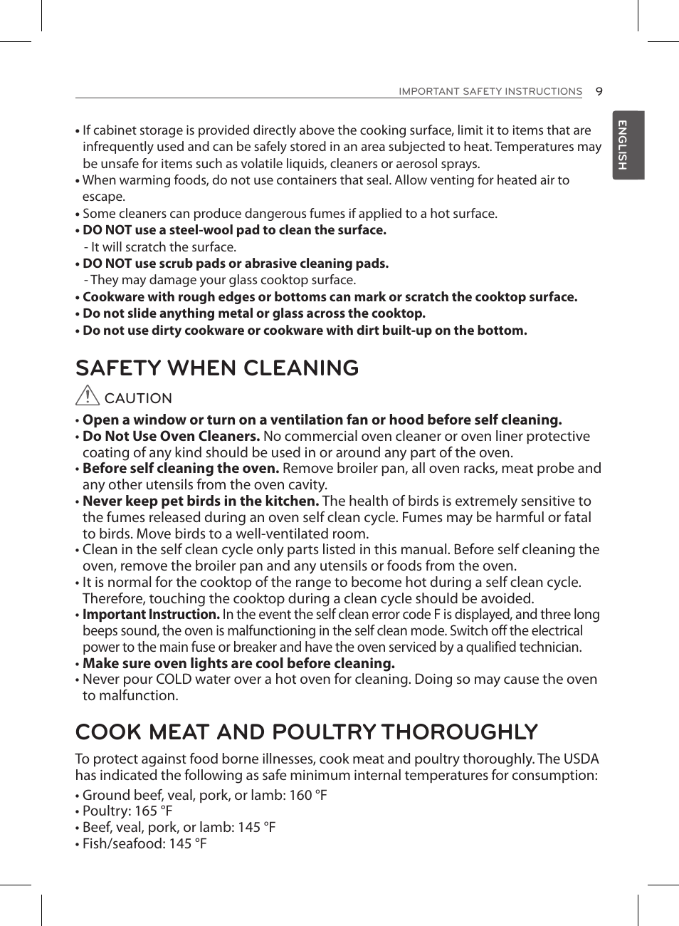 Safety when cleaning, Cook meat and poultry thoroughly | LG LSE3090ST User Manual | Page 9 / 92