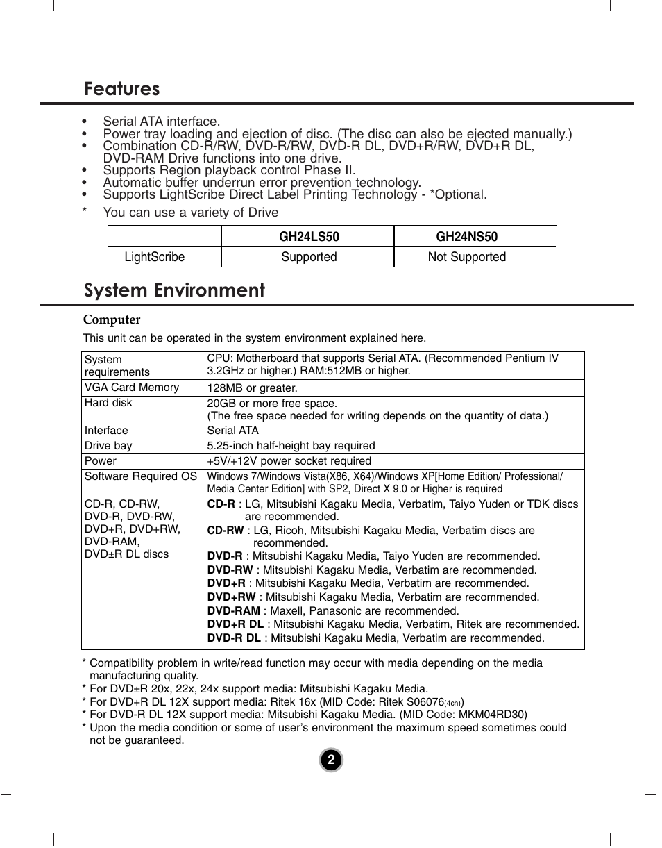 Features system environment | LG GH24NS50 User Manual | Page 5 / 13