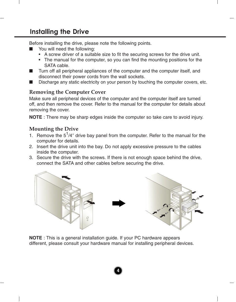 Installing the drive | LG GH24NS50 User Manual | Page 7 / 13