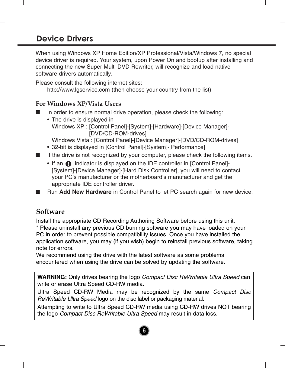 Device drivers, Software | LG GH24NS50 User Manual | Page 9 / 13