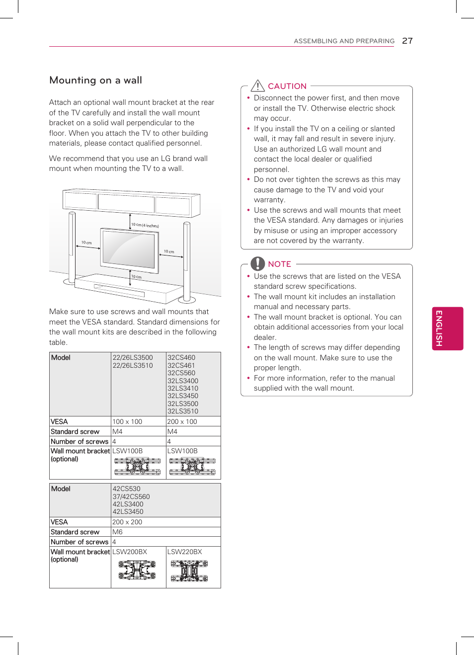 Mounting on a wall | LG 32CS560 User Manual | Page 27 / 44