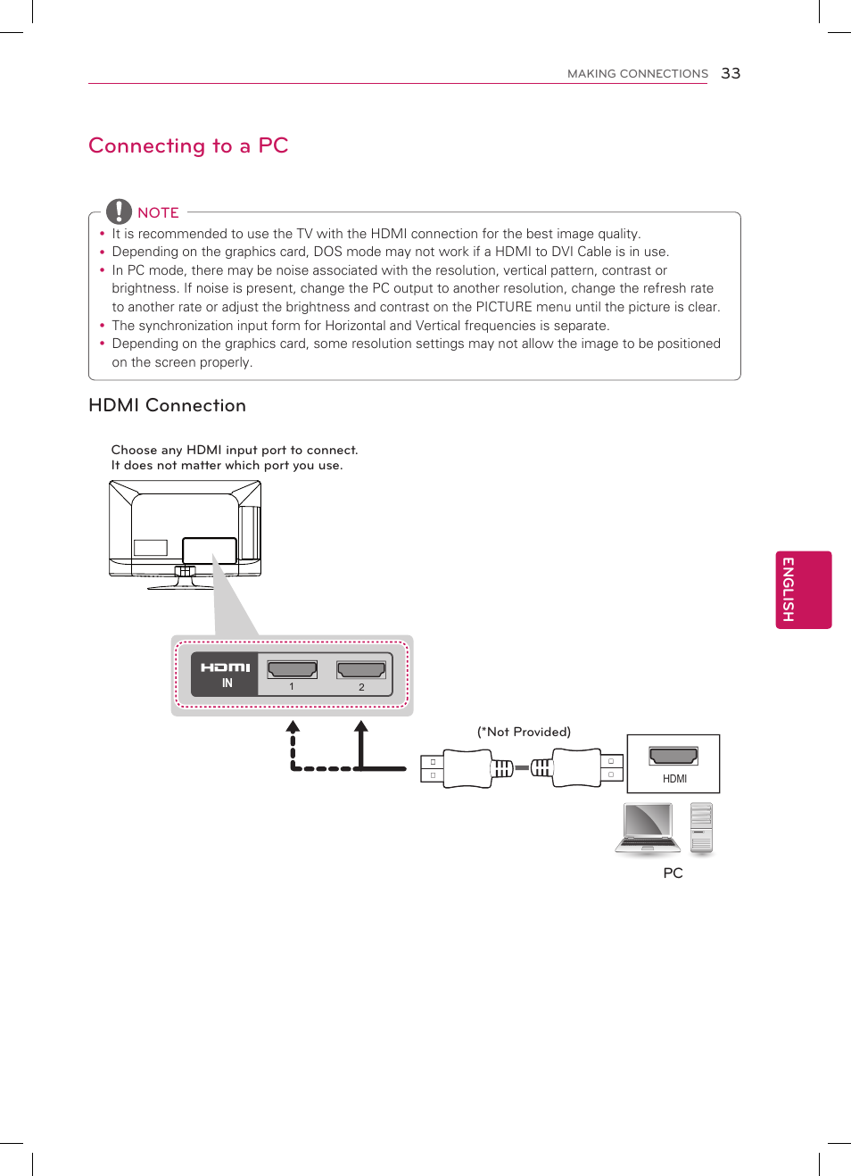 Connecting to a pc, Hdmi connection | LG 32CS560 User Manual | Page 33 / 44