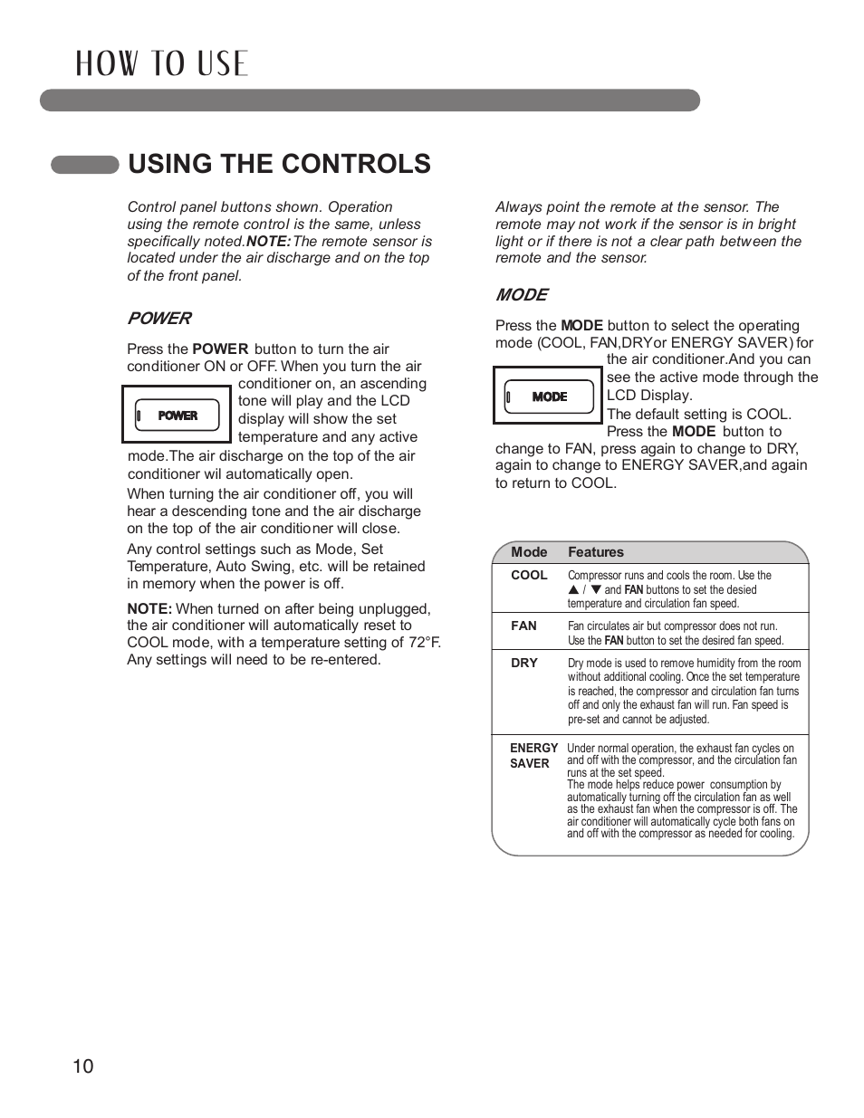 H ow to u s e, Using the controls | LG LP1210BXR User Manual | Page 10 / 48