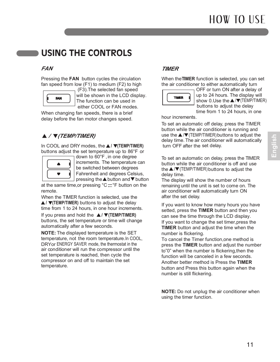 H ow to u s e, Using the controls, En gl is h | LG LP1210BXR User Manual | Page 11 / 48