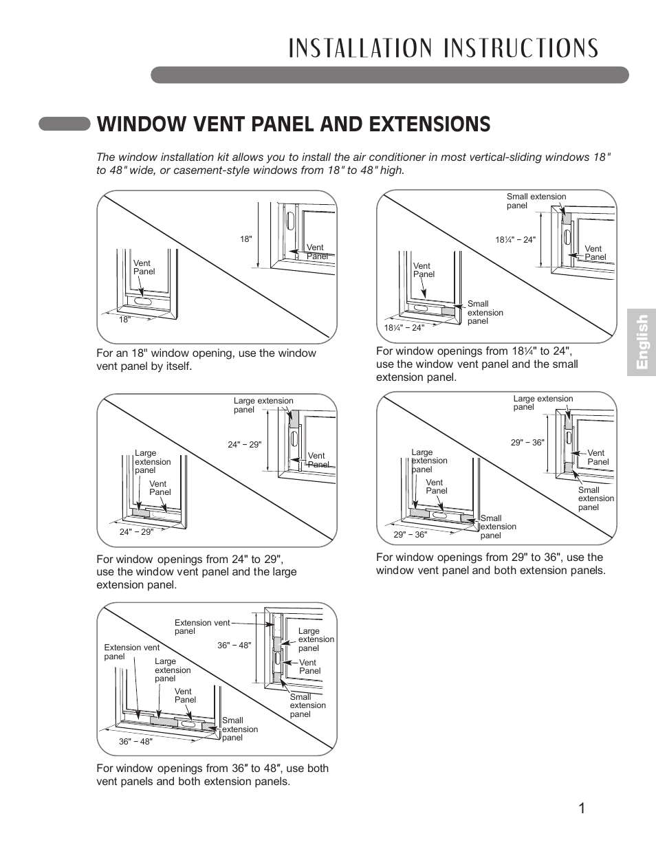 Window vent panel and extensions, En g li s h | LG LP1210BXR User Manual | Page 14 / 48