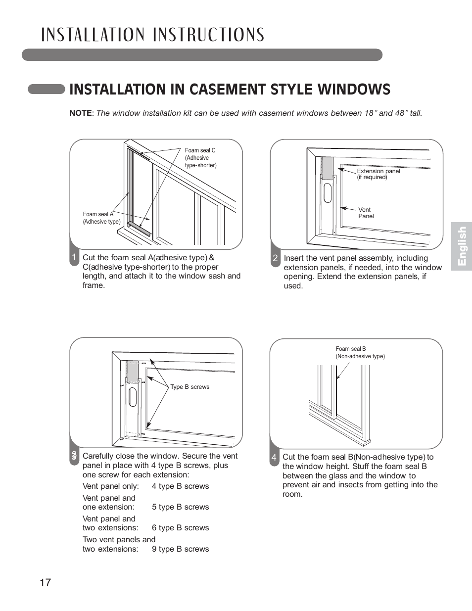 Installation in casement style windows, English | LG LP1210BXR User Manual | Page 17 / 48